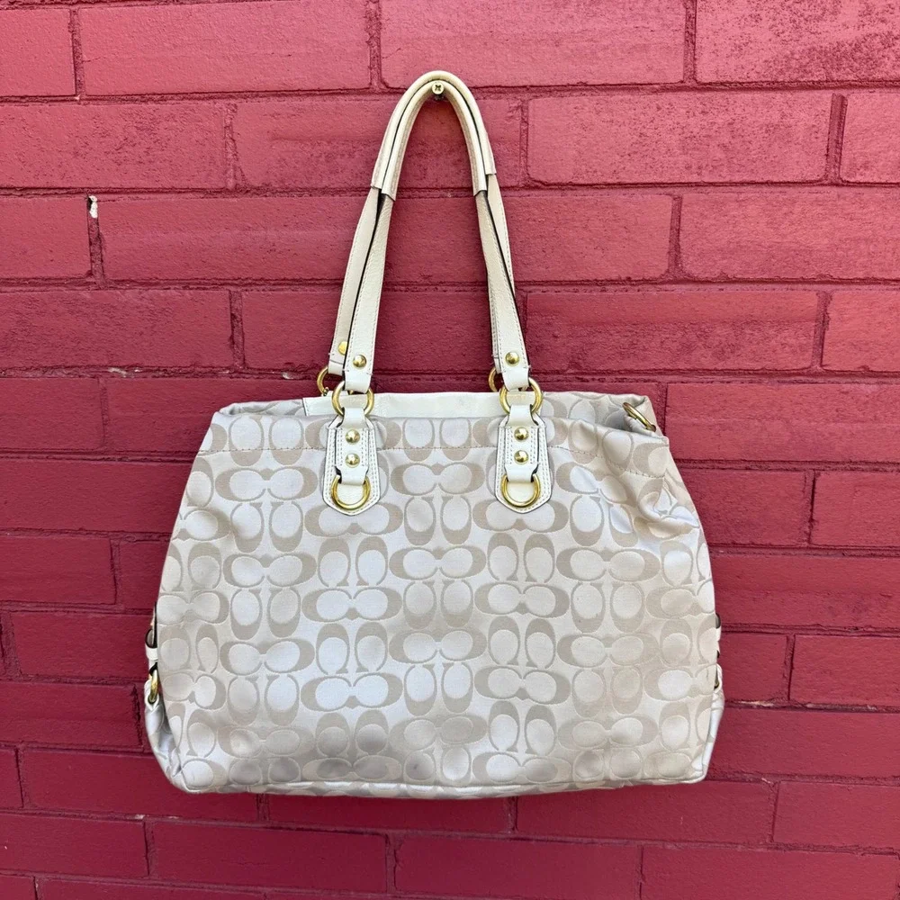 Coach Ashley Signature Satchel Bag F15510 Cream Beige Monogram Tote Sateen